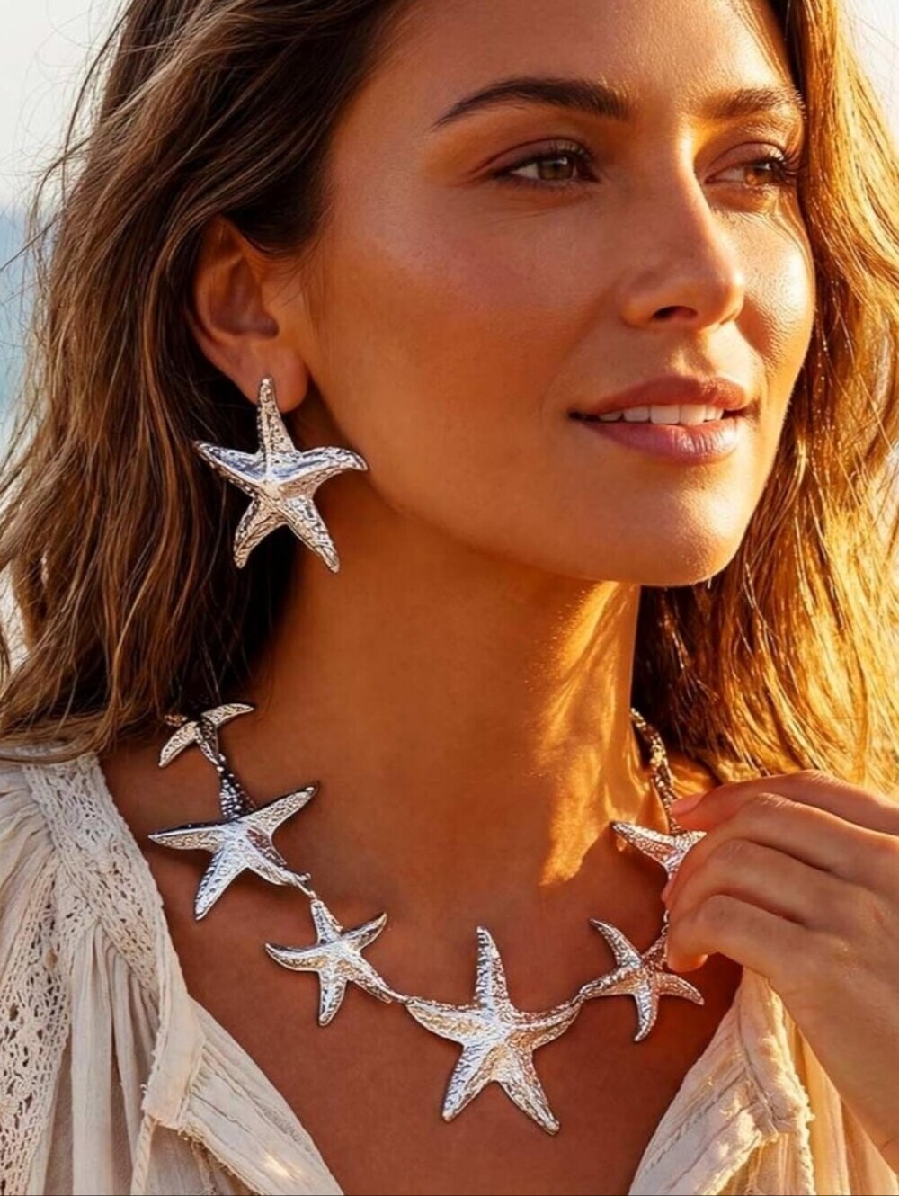 Silver Starfish Necklace and Earrings Set - Beach-Inspired Women’s Jewelry